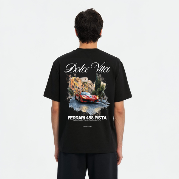 T-shirt Ferrari 488 Pista Dolce Vita blanc – visuel dos avec flocage artistique et paysage italien