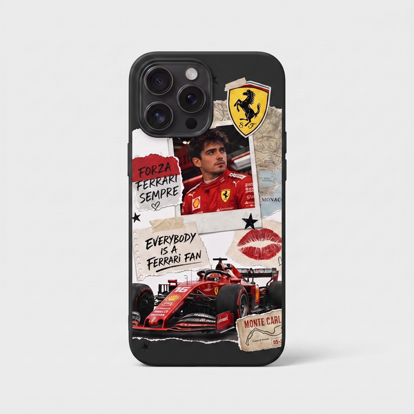 Coque iPhone noire Tourismo Clothing au design collage Charles Leclerc F1