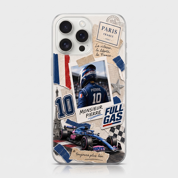 Coque iPhone transparente Tourismo Clothing au design collage Pierre Gasly Alpine F1
