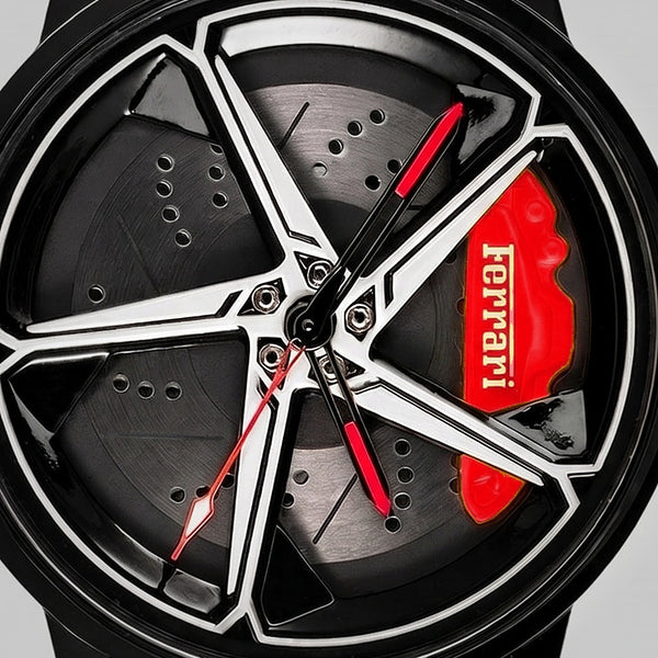 Primo piano del cerchio e della pinza incisa ferrari, orologio Ferrari 488