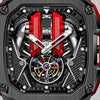 Primo piano del blocco motore e del tourbillon, orologio moteur V12