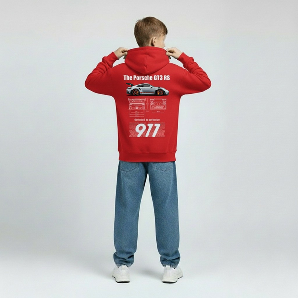 Vue arrière d’un sweat enfant rouge Porsche GT3 RS avec flocage racing 911