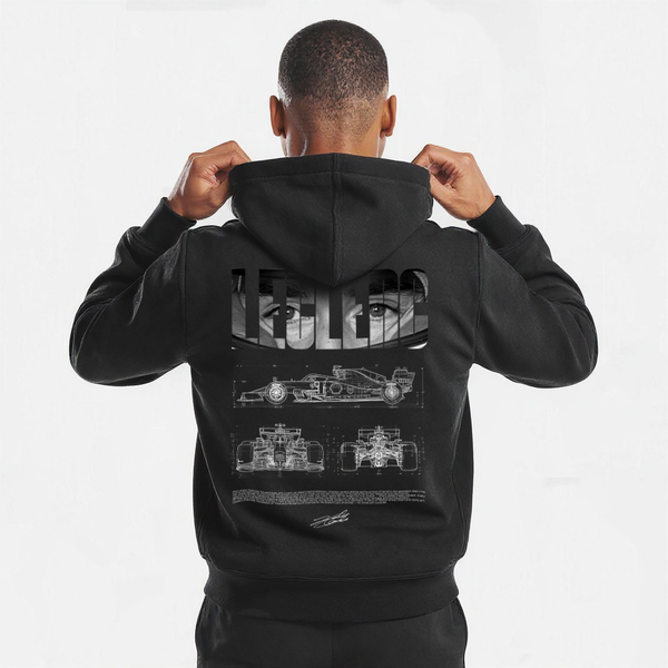 Sweat noir Charles Leclerc Paddock Élite avec design blueprint Ferrari imprimé dans le dos