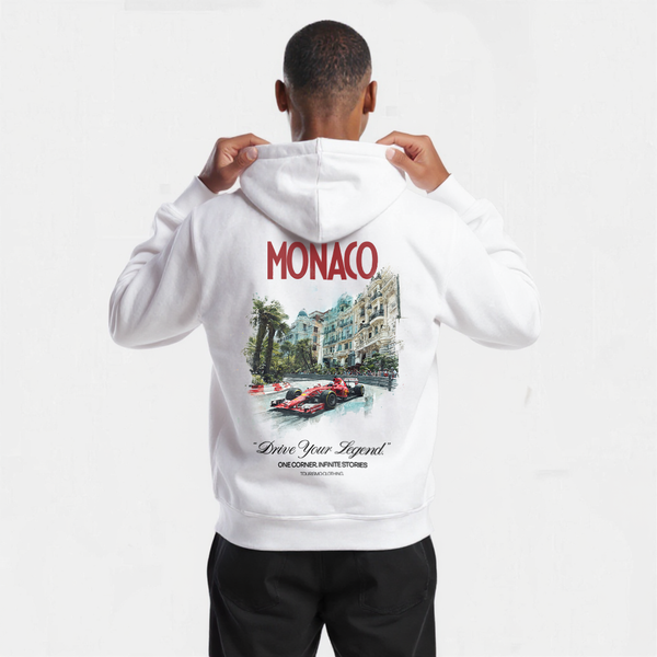 Sweat blanc Monaco Grand Prix Édition avec illustration F1 rouge en pleine course dans les rues de Monte-Carlo