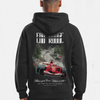 Sweat noir Spa Grand Prix Édition, gros plan sur le design Eau Rouge avec monoplace rouge sur le circuit
