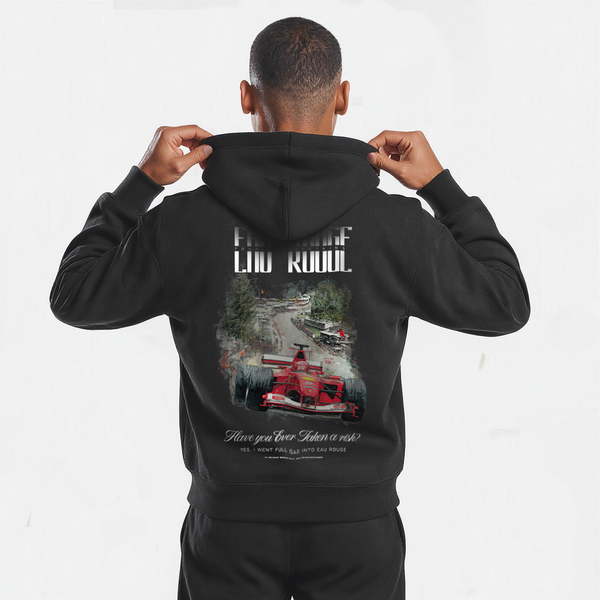 Sweat noir Spa Grand Prix Édition avec design Eau Rouge et voiture de F1 rouge imprimée dans le dos