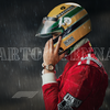 Portrait Ayrton Senna casque vert et jaune, combinaison rouge, sous la pluie, toile murale hommage légendaire F1