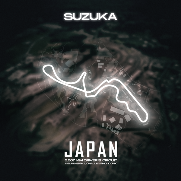 Toile canvas circuit F1 Suzuka Japon, tracé lumineux blanc iconique en impression HD, hommage au légendaire circuit japonais