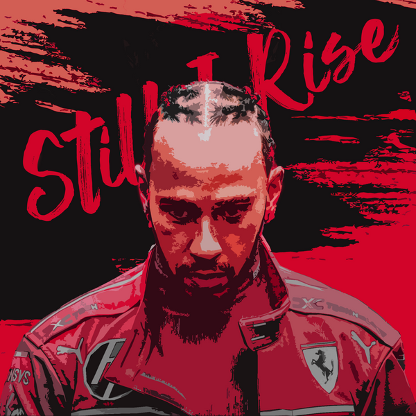 Toile F1 Lewis Hamilton Je Me Relèverai Toujours accrochée dans un salon moderne avec cadre noir