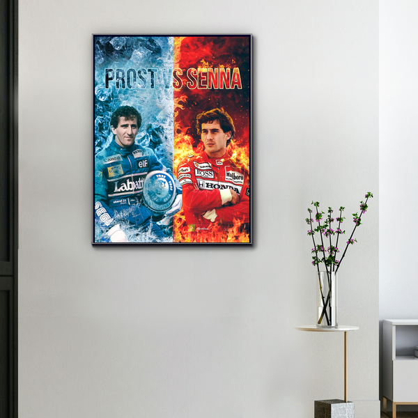 Toile F1 Prost VS Senna, affiche artistique duel légendaire entre Alain Prost et Ayrton Senna, bleu et rouge contrastés