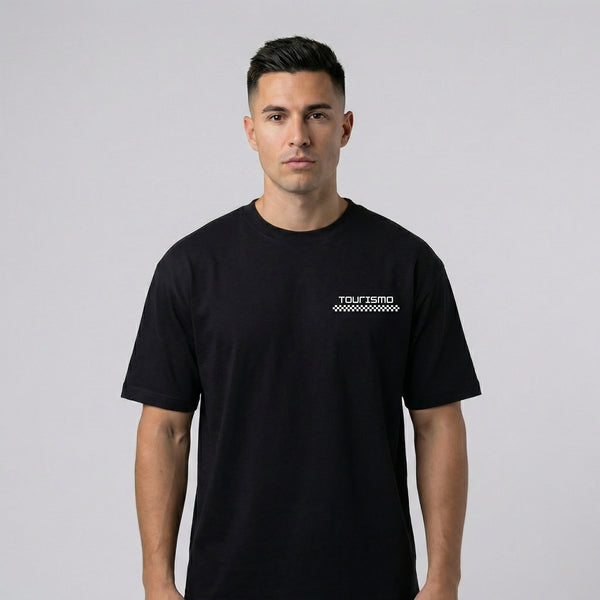 T-shirt Lamborghini Aventador SVJ noir vue de face avec logo Tourismo Clothing poitrine