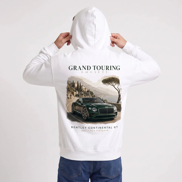 Sweat Bentley Continental GT Grand Touring Society blanc à capuche, visuel vu de dos