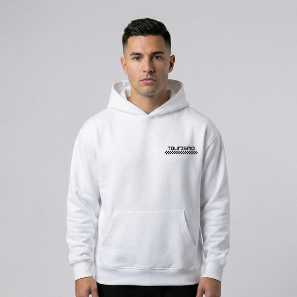 Sweat à capuche BMW M3 G80 blanc vue de face avec logo Tourismo sur la poitrine