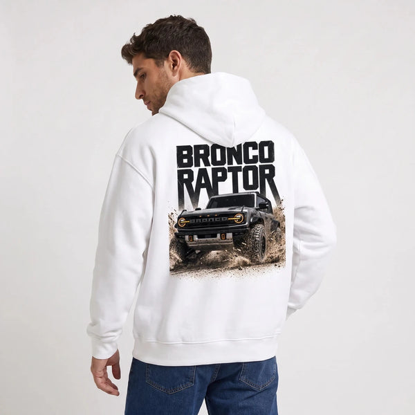 Sweat Ford Bronco Raptor blanc à capuche vu de dos avec design Off-Road