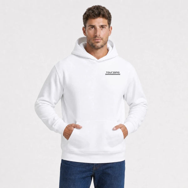 Sweat Toyota Land Cruiser Fj40 Built Beyond Roads blanc vu de face en plan rapproché avec logo Tourismo