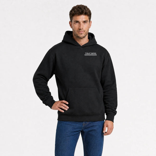 Sweat Toyota Land Cruiser Fj40 Built Beyond Roads noir vu de face en plan rapproché avec logo Tourismo