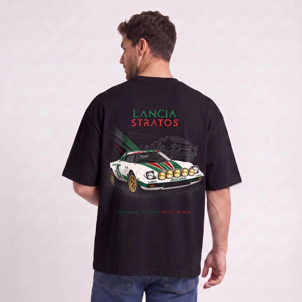 T-shirt Lancia Stratos Virage victorieux noir, voiture de rallye vue de dos