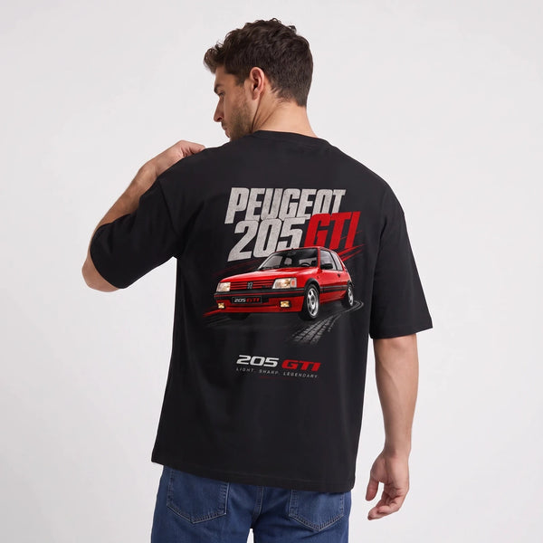 T-shirt Peugeot 205 GTI noir, sportive française rouge vue de dos