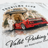 Gros plan print dos t-shirt blanc Tourismo Club avec Ferrari F40 rouge et voiturier sous la marquise