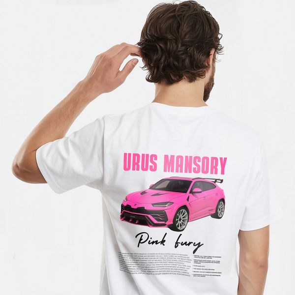 T-shirt blanc avec impression Lamborghini Urus Mansory rose vu de dos sur mannequin homme
