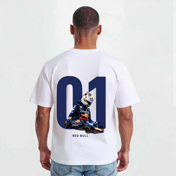 T-shirt blanc Max Verstappen avec design F1 Red Bull et numéro 01 imprimés dans le dos