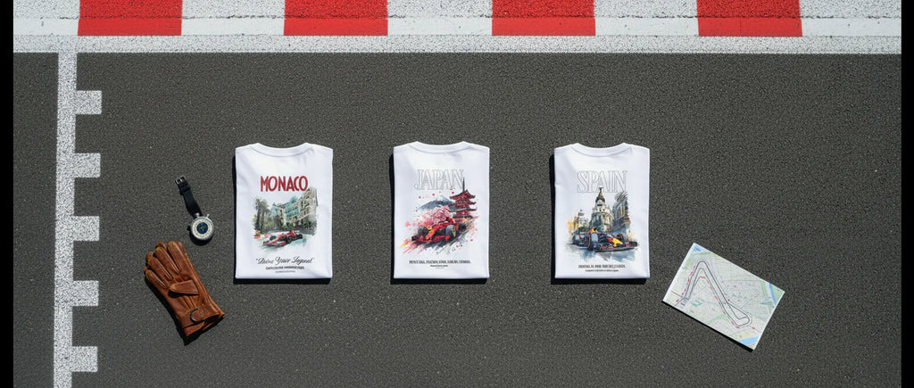 Trois t-shirts circuits Tourismo pliés sur la grille de départ, vus du dessus : Monaco, Japan et Spain