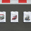 Trois t-shirts circuits Tourismo pliés sur la grille de départ, vus du dessus : Monaco, Japan et Spain