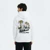 Homme de dos en hoodie blanc avec impression voiture et palmiers "COSTA DEL SPEED", fond blanc