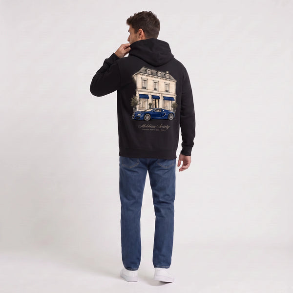 Sweat Bugatti Veyron Molsheim Society noir à capuche vu de dos