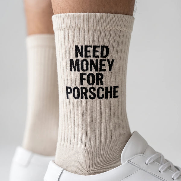 Calzini Need Money For Porsche écru, primo piano del motivo lavorato