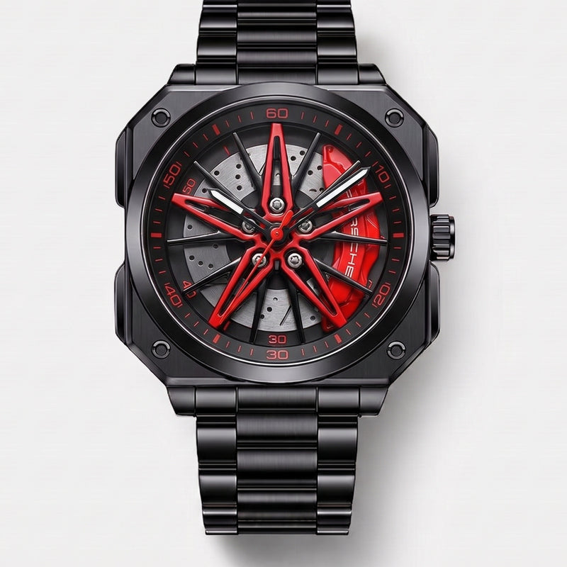 Orologio Porsche 911 visto di fronte, quadrante cerchio 3D rotante
