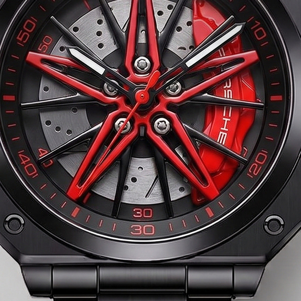 Primo piano del cerchio e della pinza incisa PORSCHE, orologio Porsche 911