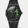 Orologio Audi R8, cassa ottagonale nera, pinza verde, vista frontale