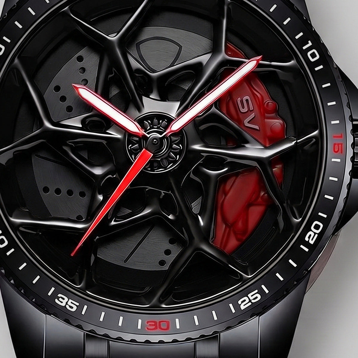 Primo piano del cerchio e della pinza incisa SV, orologio Lamborghini SV