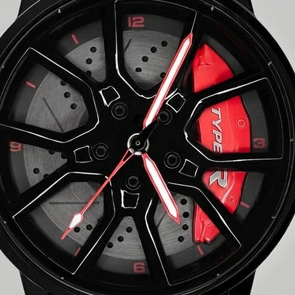 Primo piano del cerchio e della pinza incisa TYPE R, orologio Honda Type R