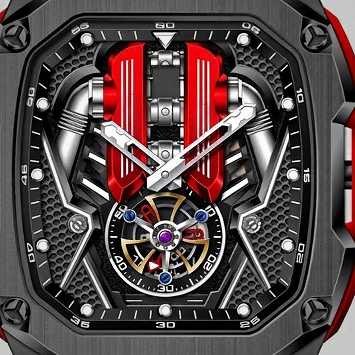 Primo piano del blocco motore e del tourbillon, orologio moteur V12