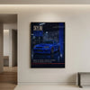 Poster Nissan Skyline GTR R34 Bayside Blue Tourismo encadré et présenté dans un intérieur contemporain