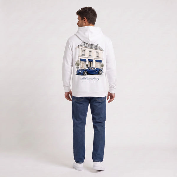 Sweat Bugatti Veyron Molsheim Society blanc à capuche vu de dos