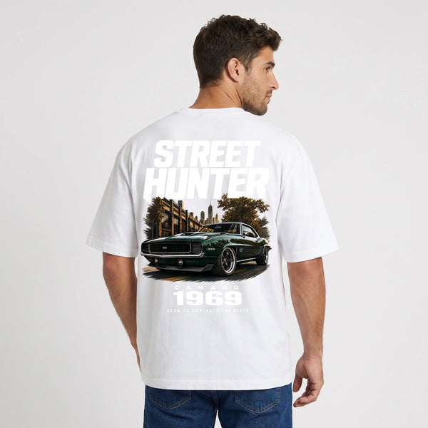 T-shirt Chevrolet Camaro 1969 Street Hunter blanc porté de dos