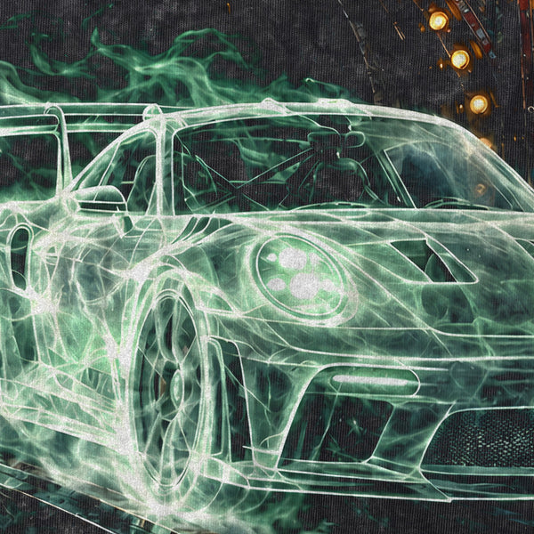 Primo piano della stampa sul retro: la GT3 RS fantasma sotto l'arco del treno fantasma