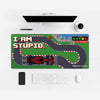 Tapis de souris Leclerc pixel art, jeu vidéo 16 bits, mise en situation carrée sur un bureau clair.