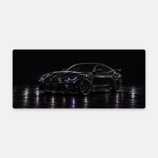 Tappetino mouse BMW M4 luci viola, vista del tappetino in piano