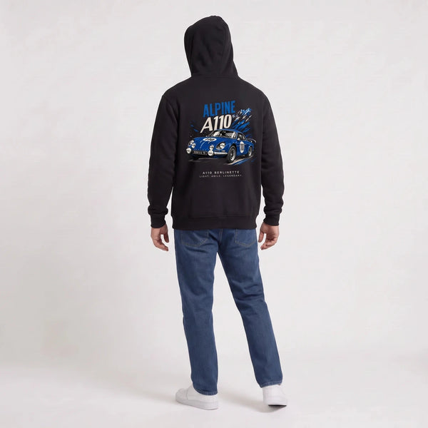 Sweat Alpine A110 noir porté de dos en plan large