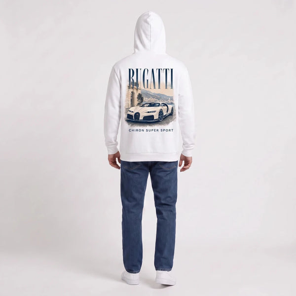 Sweat Bugatti Chiron Super Sport blanc à capuche vu de dos