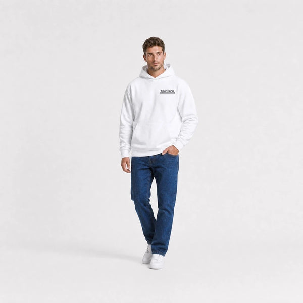 Sweat Bugatti Chiron Super Sport blanc vu de face en plan large avec logo Tourismo