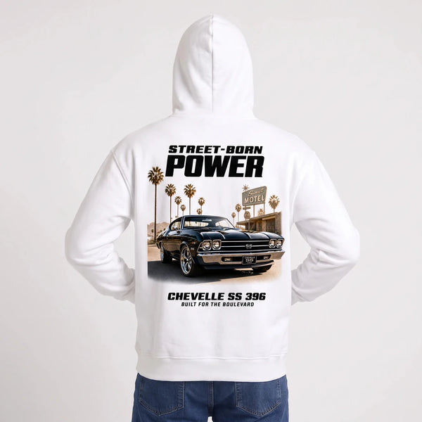 Sweat Chevrolet Chevelle SS 396 Street-Born Power blanc porté de dos