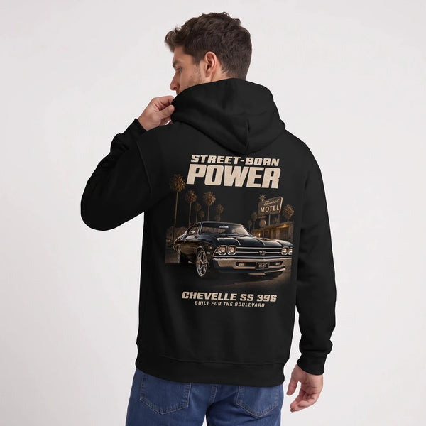 Sweat Chevrolet Chevelle SS 396 Street-Born Power noir porté de dos