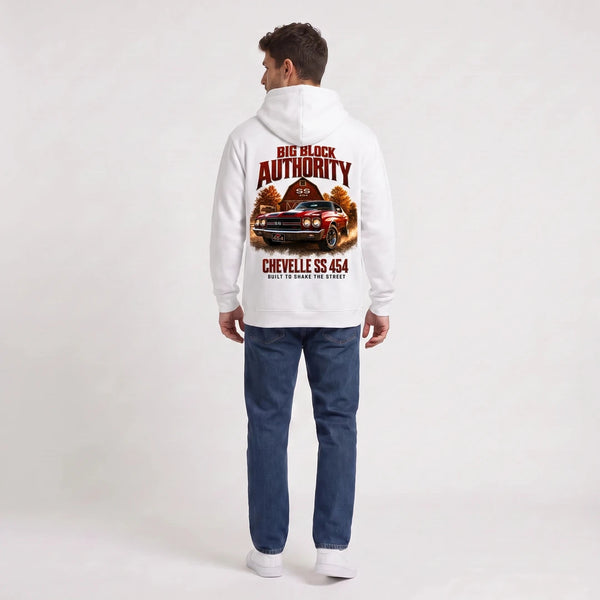 Sweat Chevrolet Chevelle SS 454 Big Block Authority blanc à capuche vu de dos