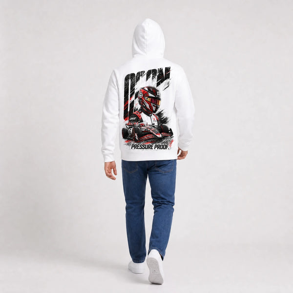 Sweat F1 Esteban Ocon Signature blanc porté de dos en plan large