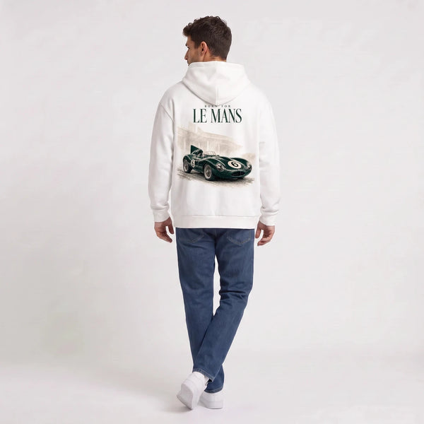 Felpa con cappuccio bianca Jaguar D-Type Le Mans N°6: Born for Le Mans, vista da dietro
